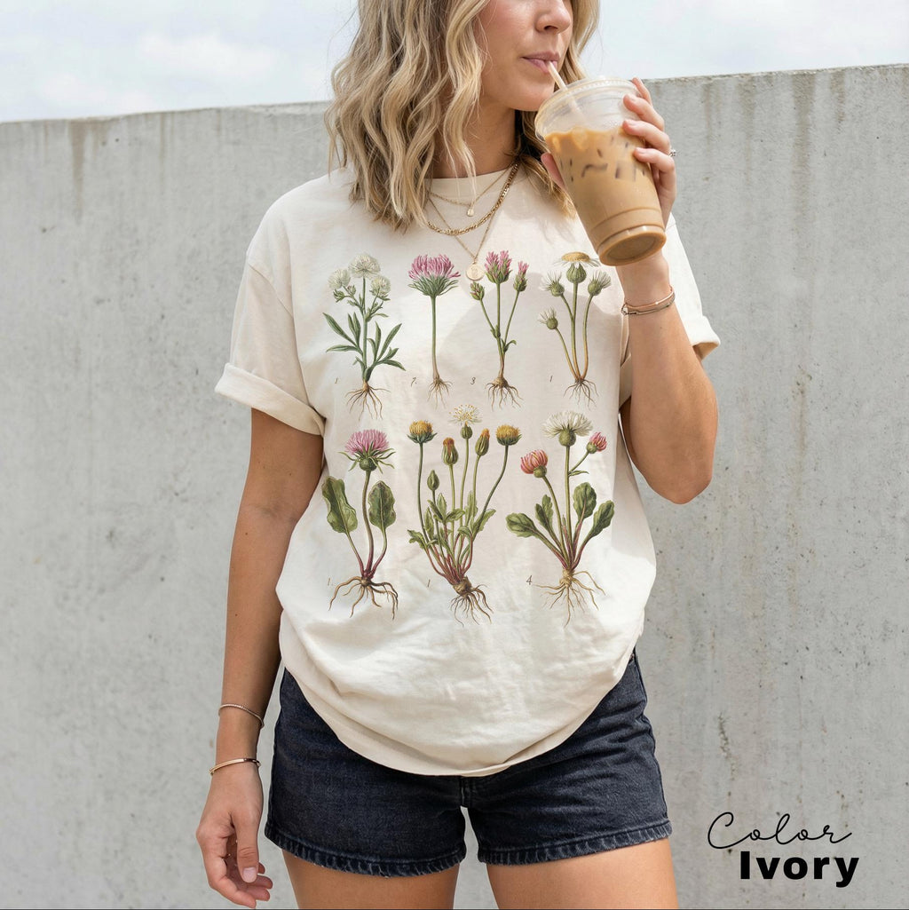 Vintage Wildflower Botanical Graphic Tee, Retro Cottagecore Comfort Colors® T-Shirt, Garden Flower Shirt