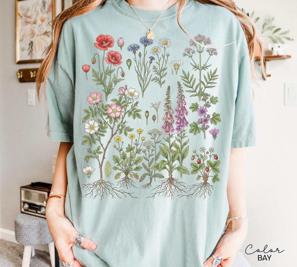 Vintage Wildflower Botanical Graphic Tee, Retro Cottagecore Comfort Colors® T-Shirt, Garden Flower Shirt