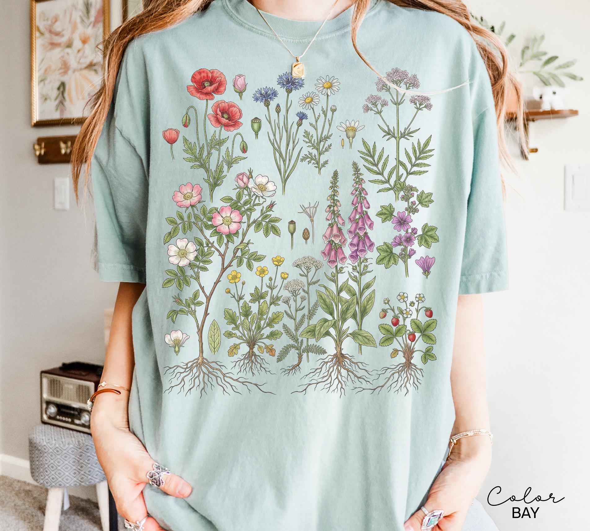 Vintage Wildflower Botanical Graphic Tee, Retro Cottagecore Comfort Colors® T-Shirt, Garden Flower Shirt