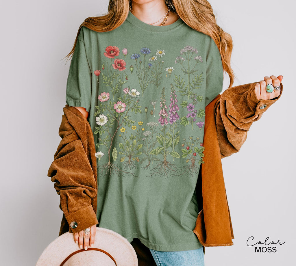 Vintage Wildflower Botanical Graphic Tee, Retro Cottagecore Comfort Colors® T-Shirt, Garden Flower Shirt
