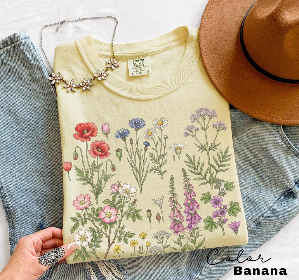 Vintage Wildflower Botanical Graphic Tee, Retro Cottagecore Comfort Colors® T-Shirt, Garden Flower Shirt