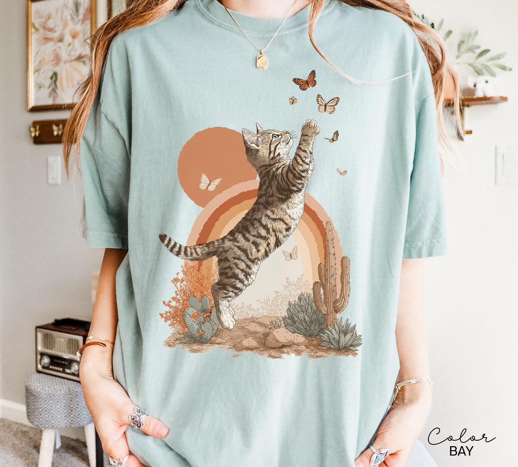 Retro Cute Kitten Butterfly 90s Graphic Tshirt, Kitten Rainbow Tee, Desert Cactus Shirt, Southwest Cactus Tee,