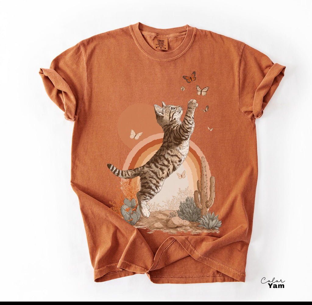 Retro Cute Kitten Butterfly 90s Graphic Tshirt, Kitten Rainbow Tee, Desert Cactus Shirt, Southwest Cactus Tee,