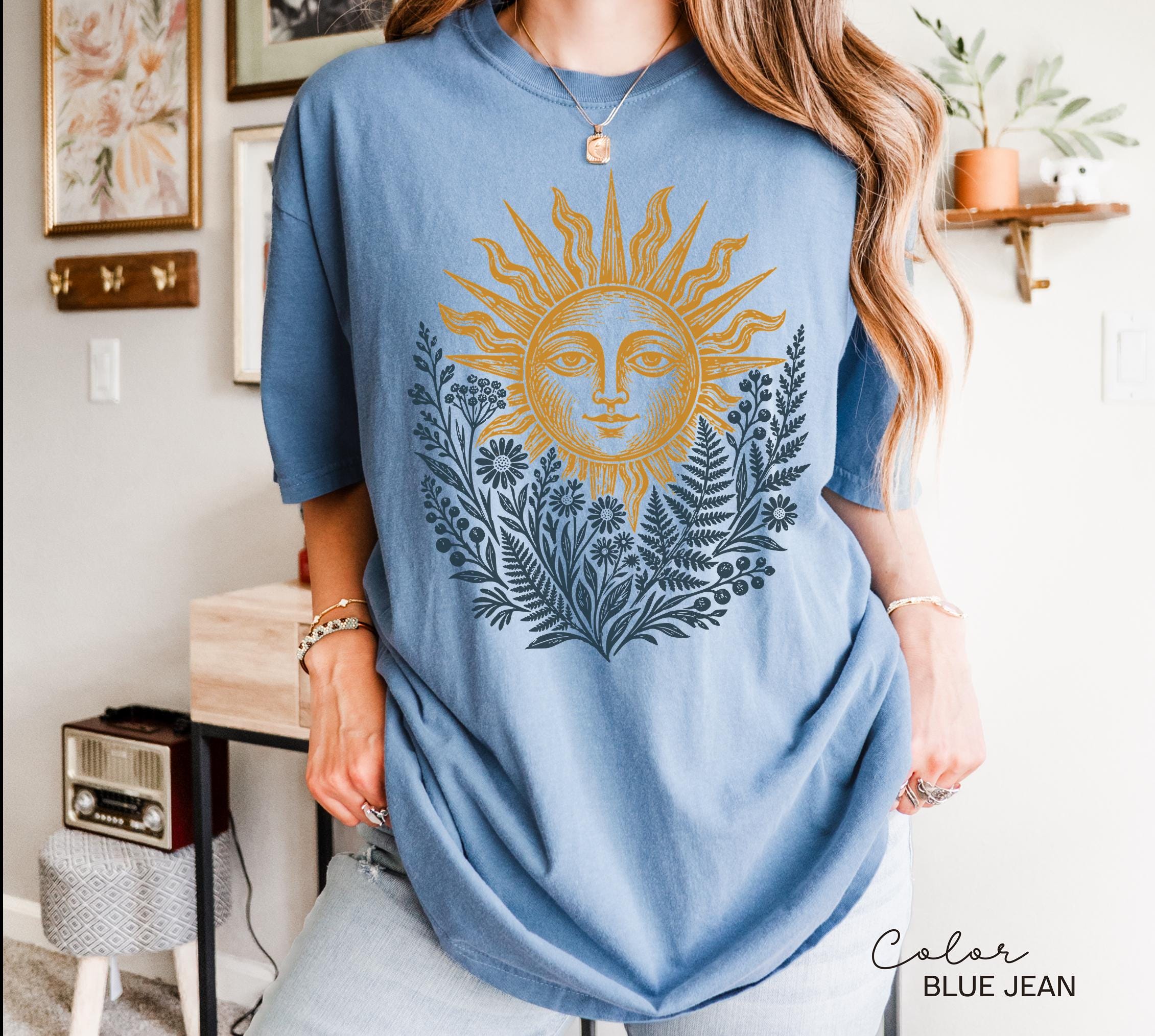 Sun Shirt, Comfort Colors Celestial Sun Tee, Cottagecore Botanical Shirt, Boho Sun Face Sweatshirt, Vintage Mystical Nature Shirt