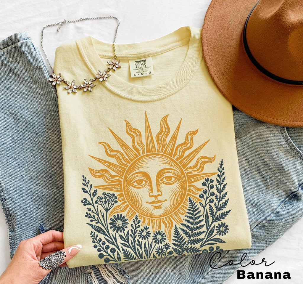 Sun Shirt, Comfort Colors Celestial Sun Tee, Cottagecore Botanical Shirt, Boho Sun Face Sweatshirt, Vintage Mystical Nature Shirt