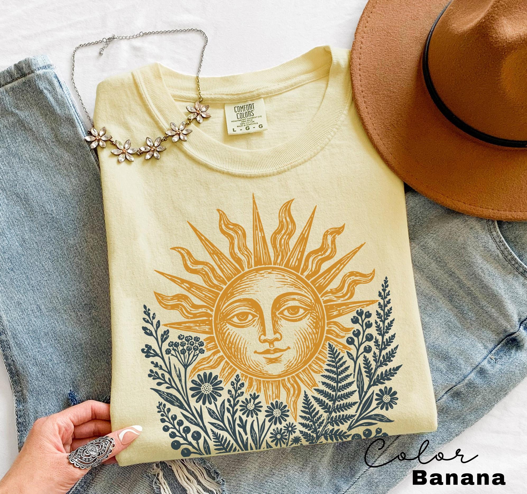 Sun Shirt, Comfort Colors Celestial Sun Tee, Cottagecore Botanical Shirt, Boho Sun Face Sweatshirt, Vintage Mystical Nature Shirt