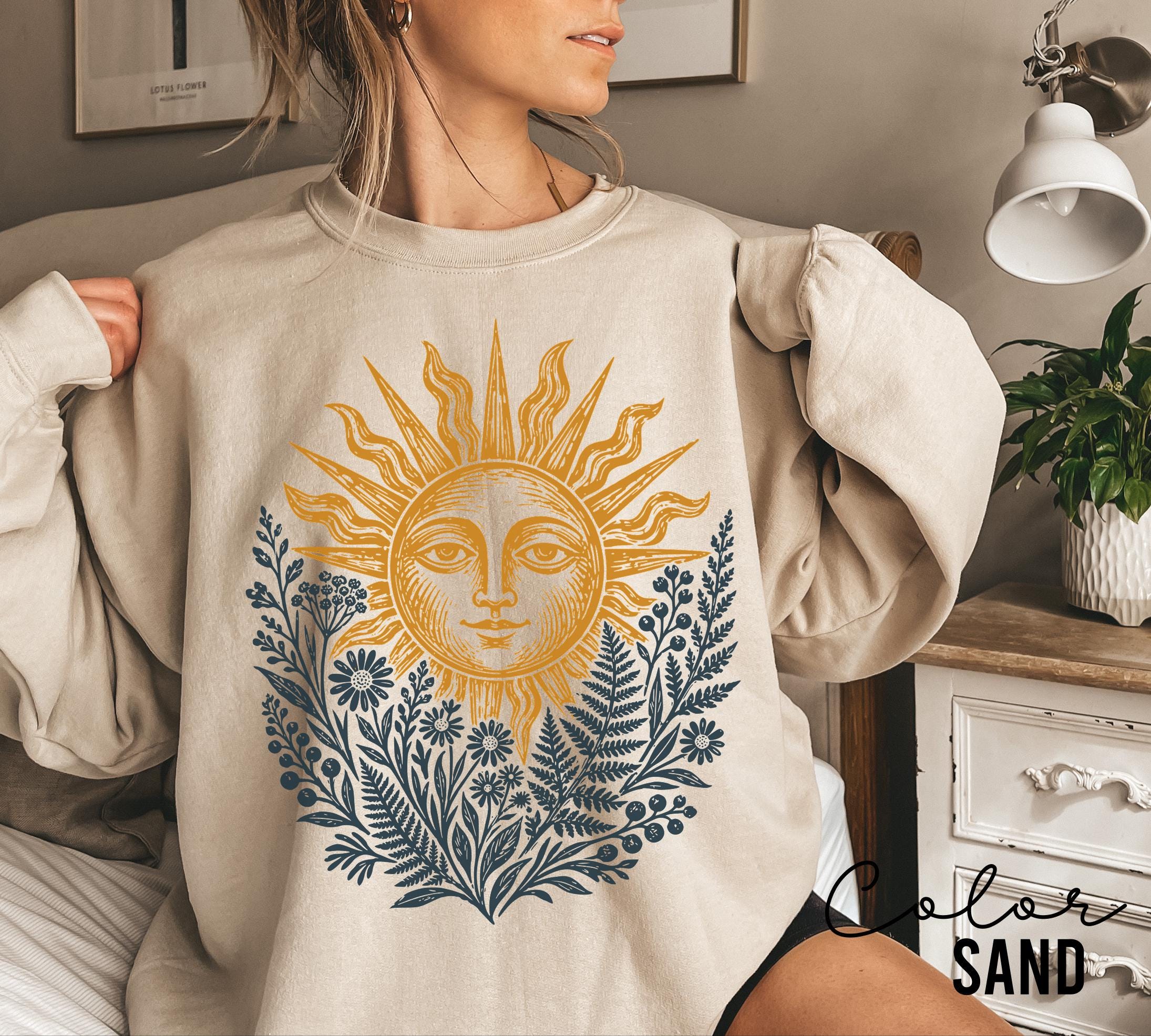 Sun Shirt, Comfort Colors Celestial Sun Tee, Cottagecore Botanical Shirt, Boho Sun Face Sweatshirt, Vintage Mystical Nature Shirt