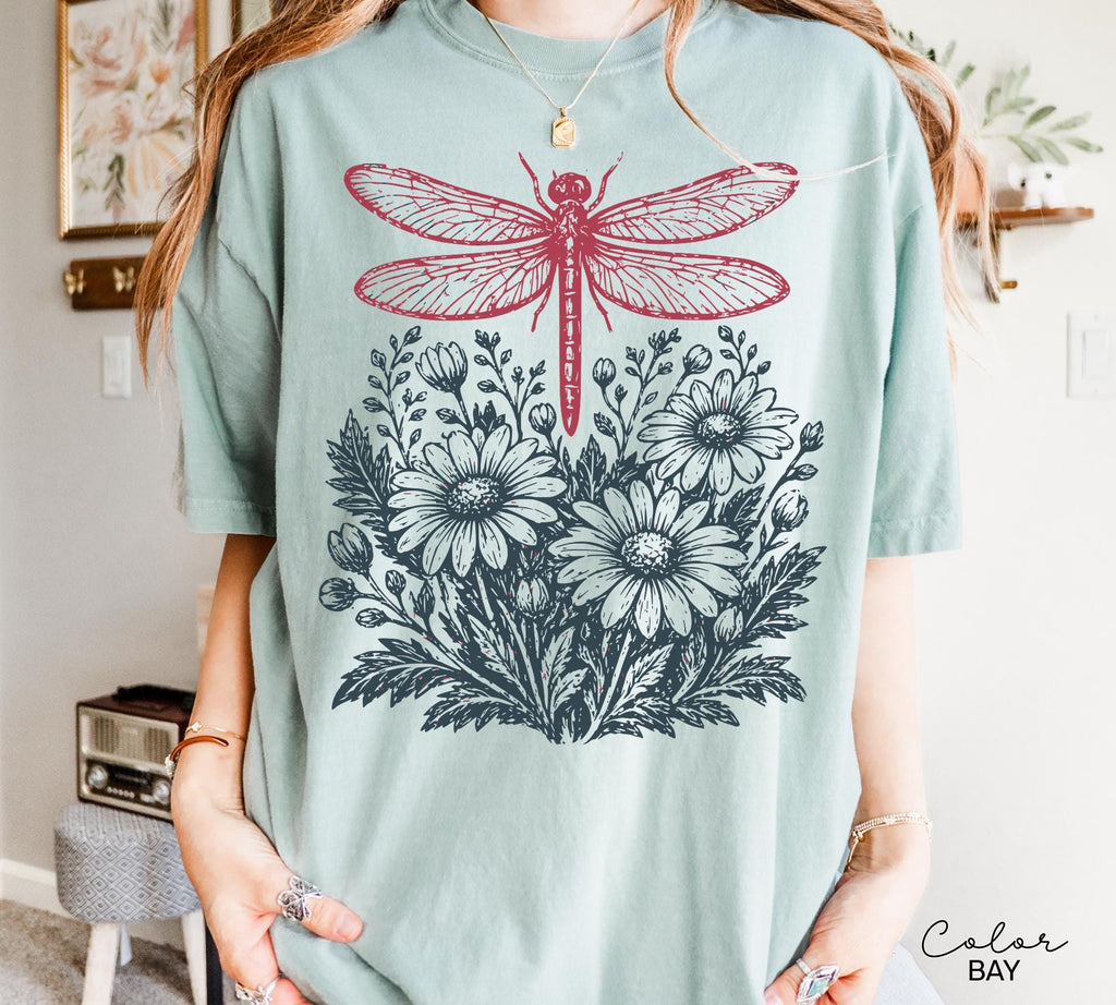 Dragonfly Shirt, Comfort Colors Wildflower Dragonfly Tee, Cottagecore Botanical Shirt, Nature Lover Gift, Vintage Floral Graphic