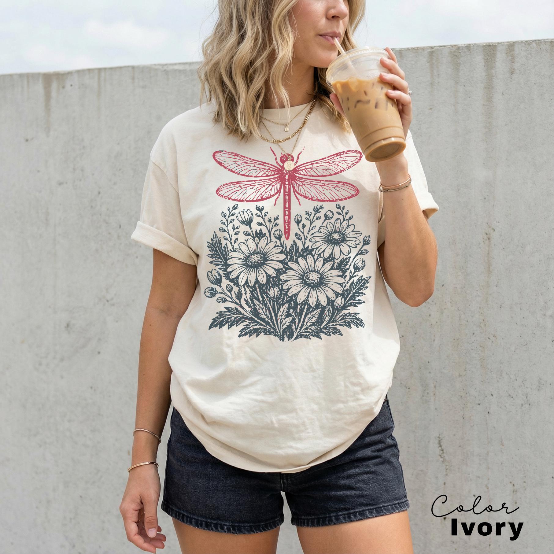 Dragonfly Shirt, Comfort Colors Wildflower Dragonfly Tee, Cottagecore Botanical Shirt, Nature Lover Gift, Vintage Floral Graphic
