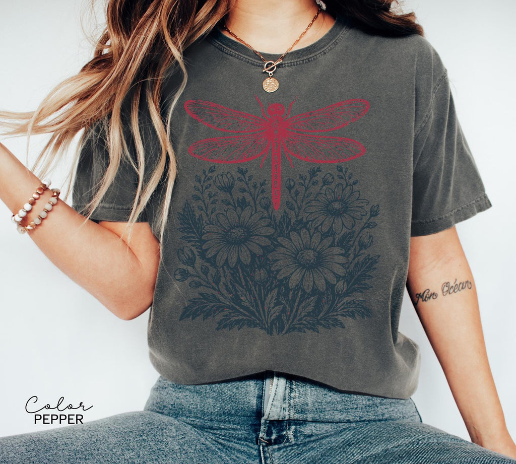 Dragonfly Shirt, Comfort Colors Wildflower Tee with Vintage Floral Graphic