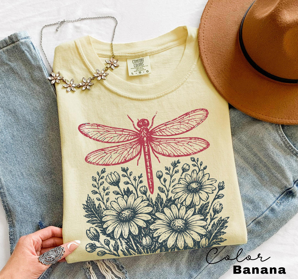 Dragonfly Shirt, Comfort Colors Wildflower Dragonfly Tee, Cottagecore Botanical Shirt, Nature Lover Gift, Vintage Floral Graphic