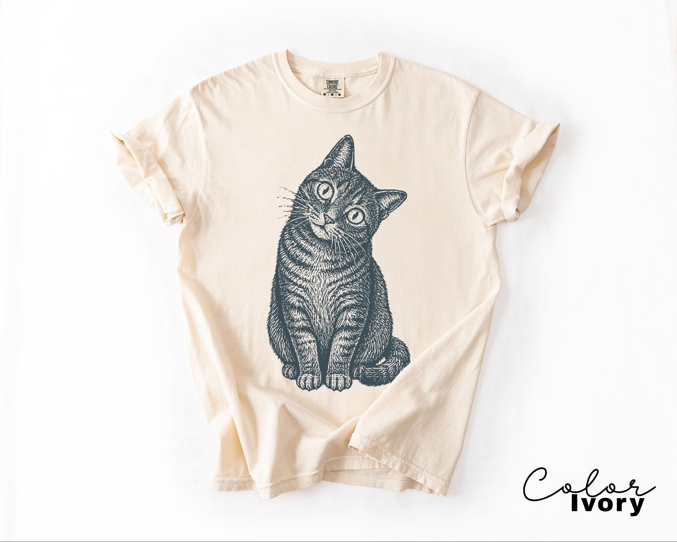 Cat Shirt, Comfort Colors Vintage Linocut Cat Tee, Retro Tabby Cat Shirt, Woodcut Style, Cottagecore Cat Sweatshirt