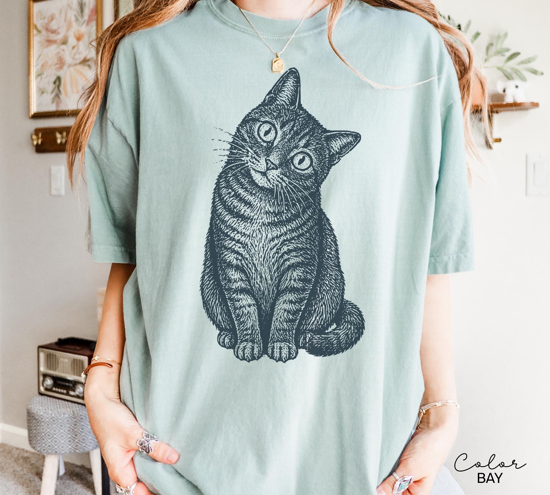 Cat Shirt, Comfort Colors Vintage Linocut Cat Tee, Retro Tabby Cat Shirt, Woodcut Style, Cottagecore Cat Sweatshirt