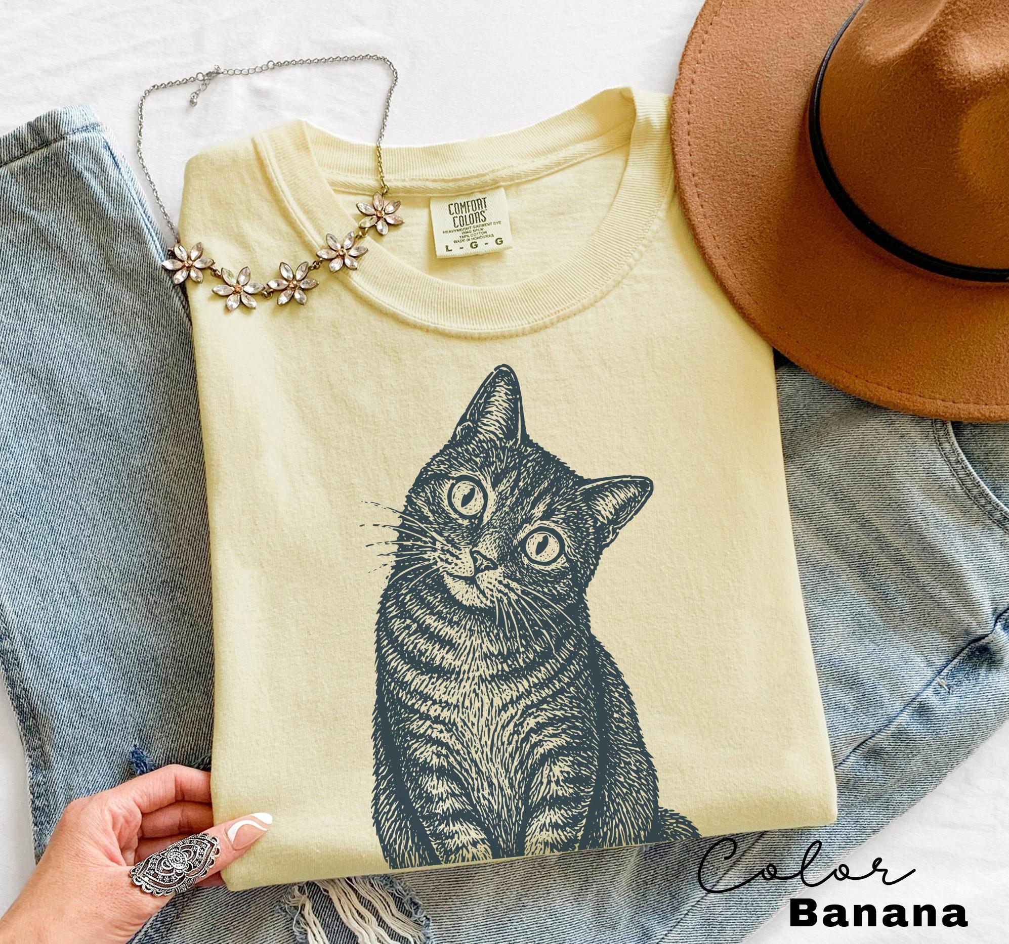 Cat Shirt, Comfort Colors Vintage Linocut Cat Tee, Retro Tabby Cat Shirt, Woodcut Style, Cottagecore Cat Sweatshirt