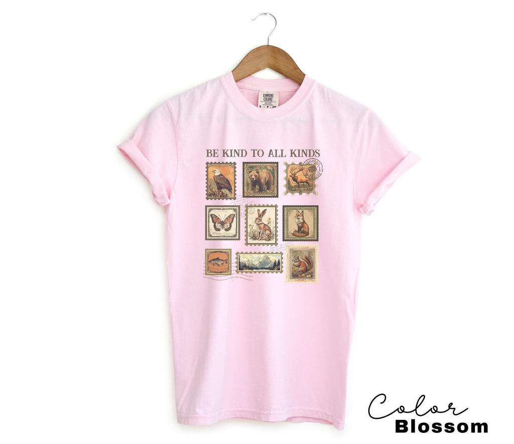 Be Kind To All Kinds Shirt, Comfort Colors Wildlife Tee, Nature Lover Shirt, Granola Girl Sweatshirt, Vintage Postage Stamp Shirt