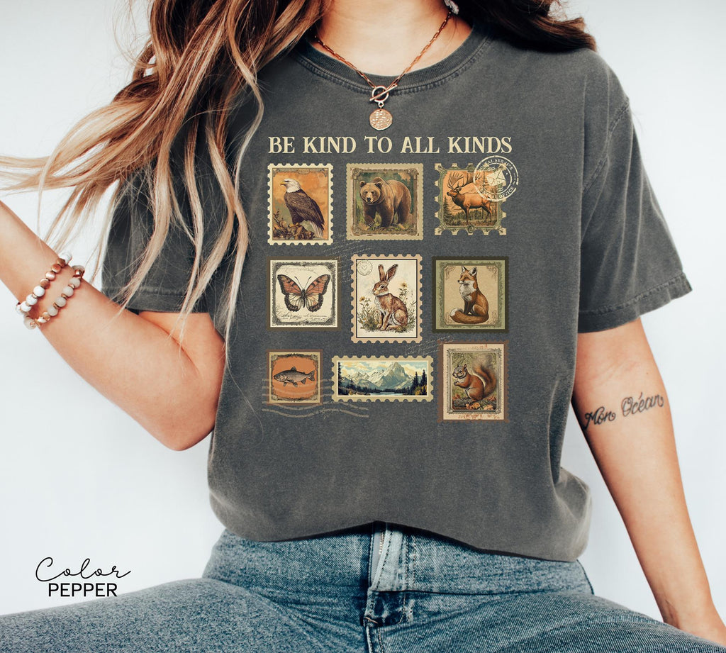 Be Kind To All Kinds Shirt, Comfort Colors Wildlife Tee, Nature Lover Shirt, Granola Girl Sweatshirt, Vintage Postage Stamp Shirt