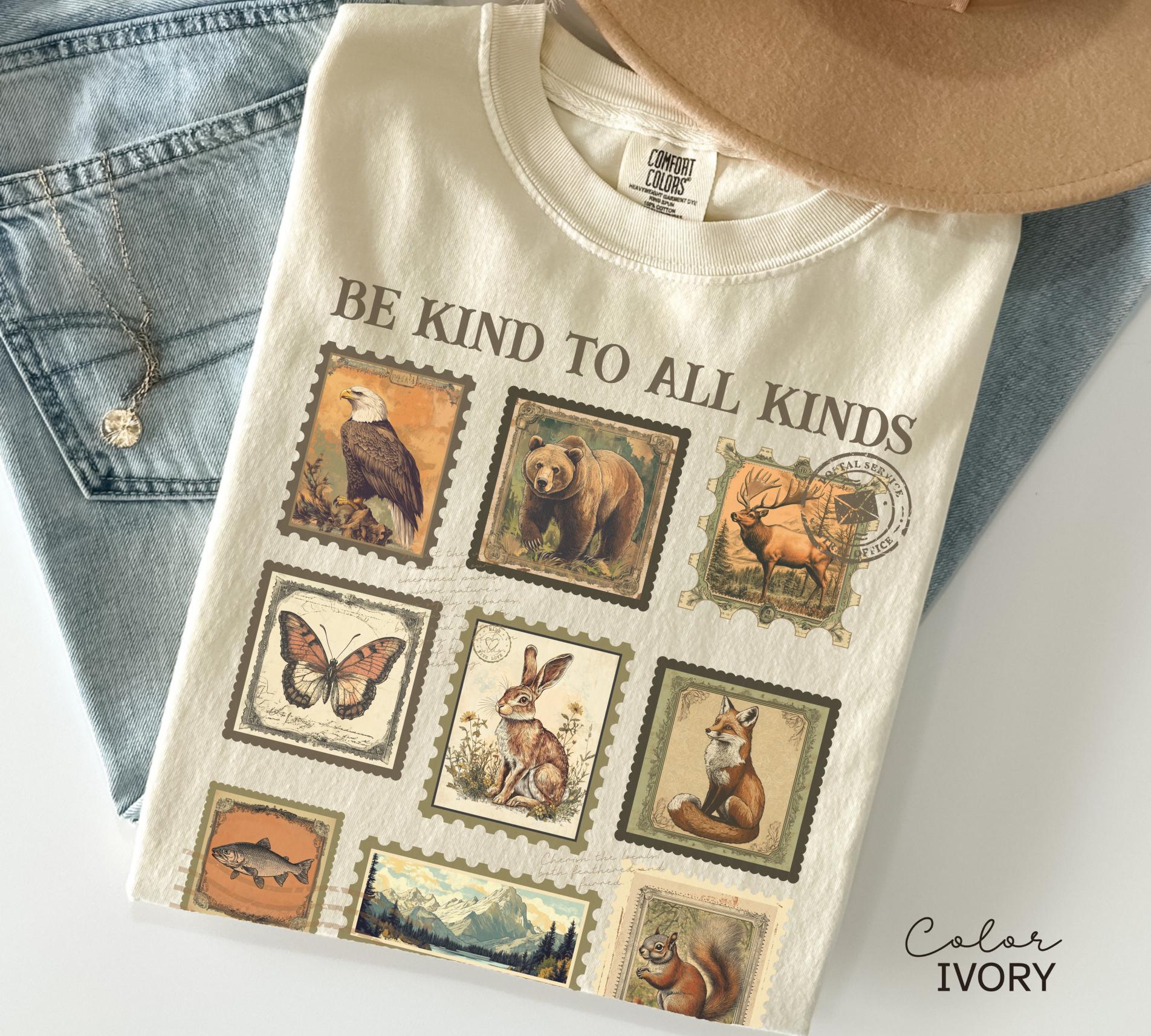 Be Kind To All Kinds Shirt, Comfort Colors Wildlife Tee, Nature Lover Shirt, Granola Girl Sweatshirt, Vintage Postage Stamp Shirt
