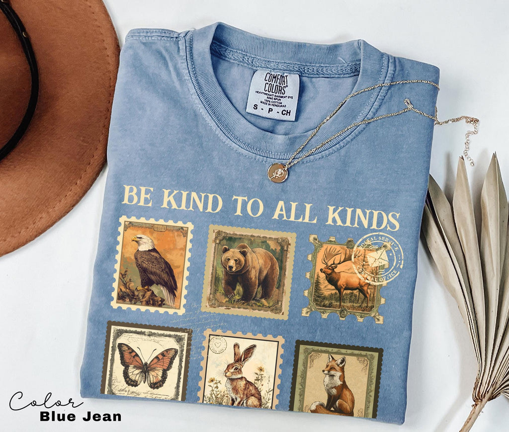Be Kind To All Kinds Shirt, Comfort Colors Wildlife Tee, Nature Lover Shirt, Granola Girl Sweatshirt, Vintage Postage Stamp Shirt