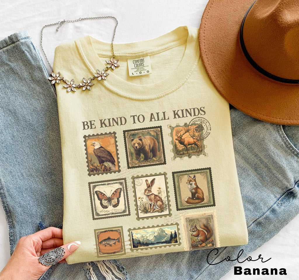 Be Kind To All Kinds Shirt, Wildlife Sweatshirt, Nature Lover Shirt, Granola Girl Sweatshirt, Vintage Postage Stamp Shirt