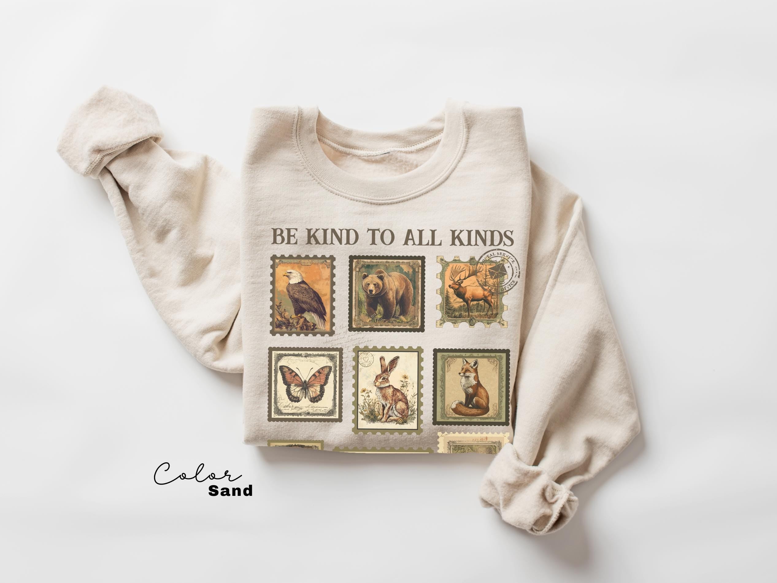 Be Kind To All Kinds Shirt, Wildlife Sweatshirt, Nature Lover Shirt, Granola Girl Sweatshirt, Vintage Postage Stamp Shirt