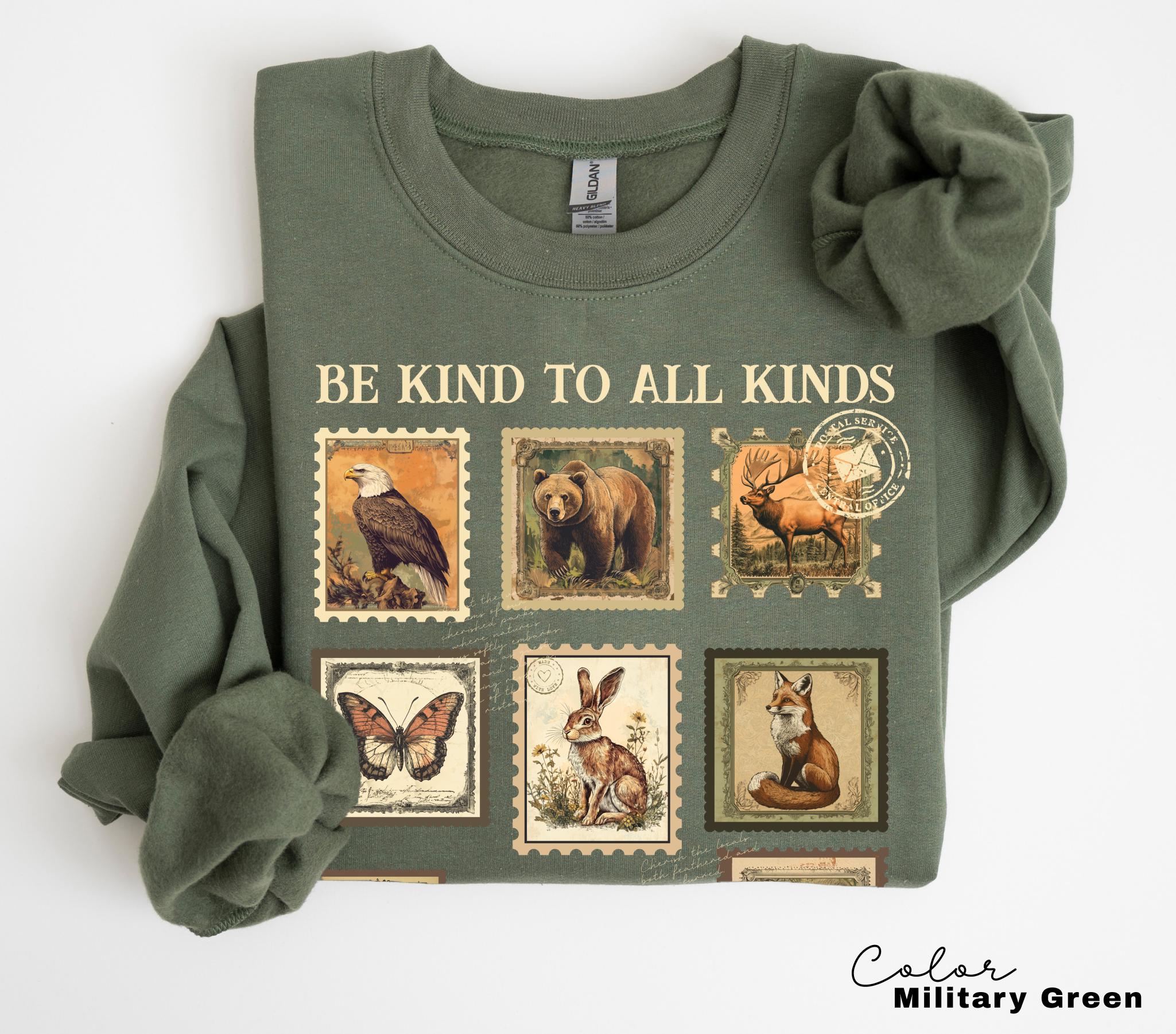 Be Kind To All Kinds Shirt, Wildlife Sweatshirt, Nature Lover Shirt, Granola Girl Sweatshirt, Vintage Postage Stamp Shirt