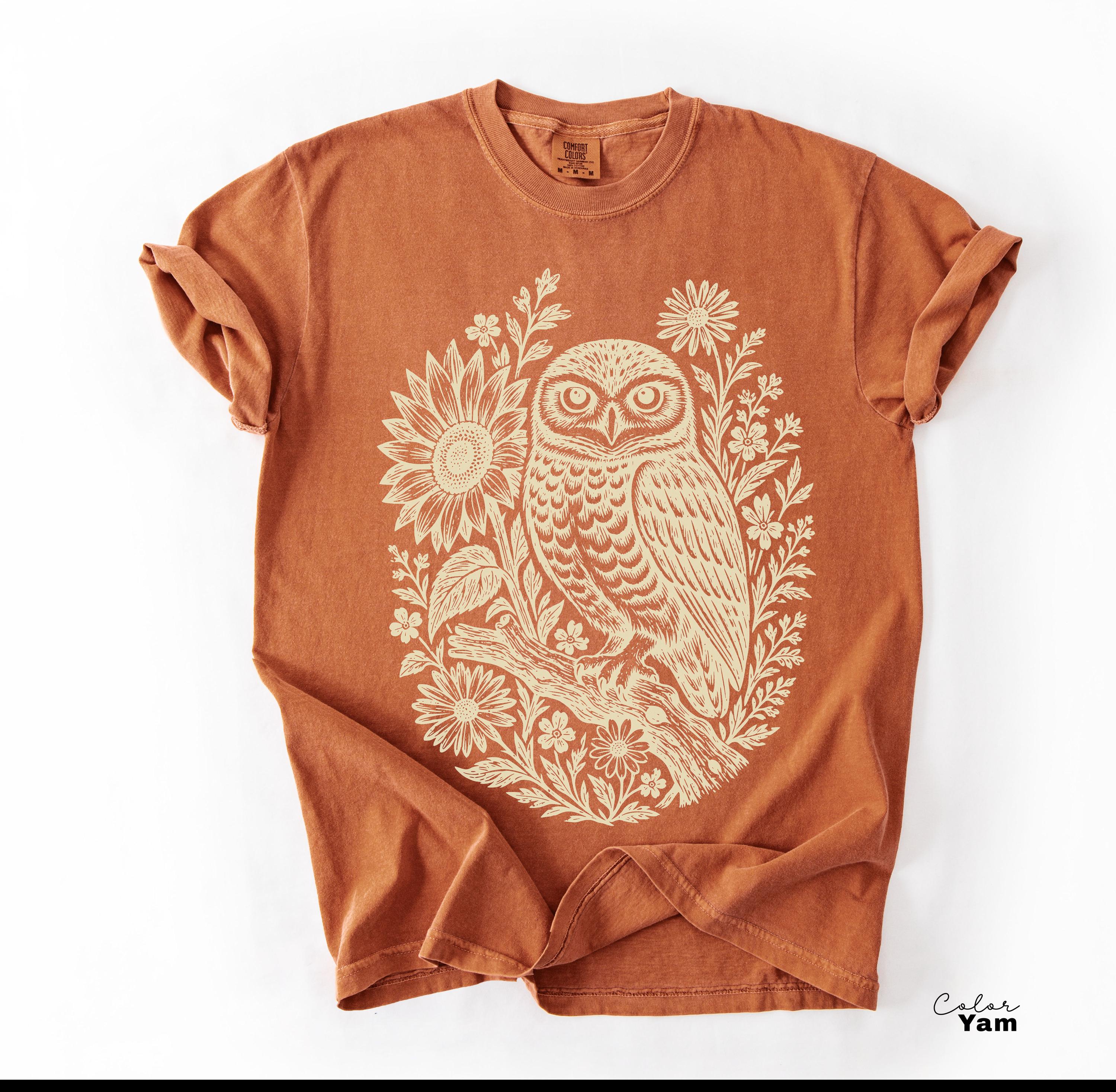 Owl Shirt, Comfort Colors Cottagecore Owl Tee, Linocut Floral Owl Shirt, Dark Academia Bird Shirt, Owl Sweatshirt Gift for Her