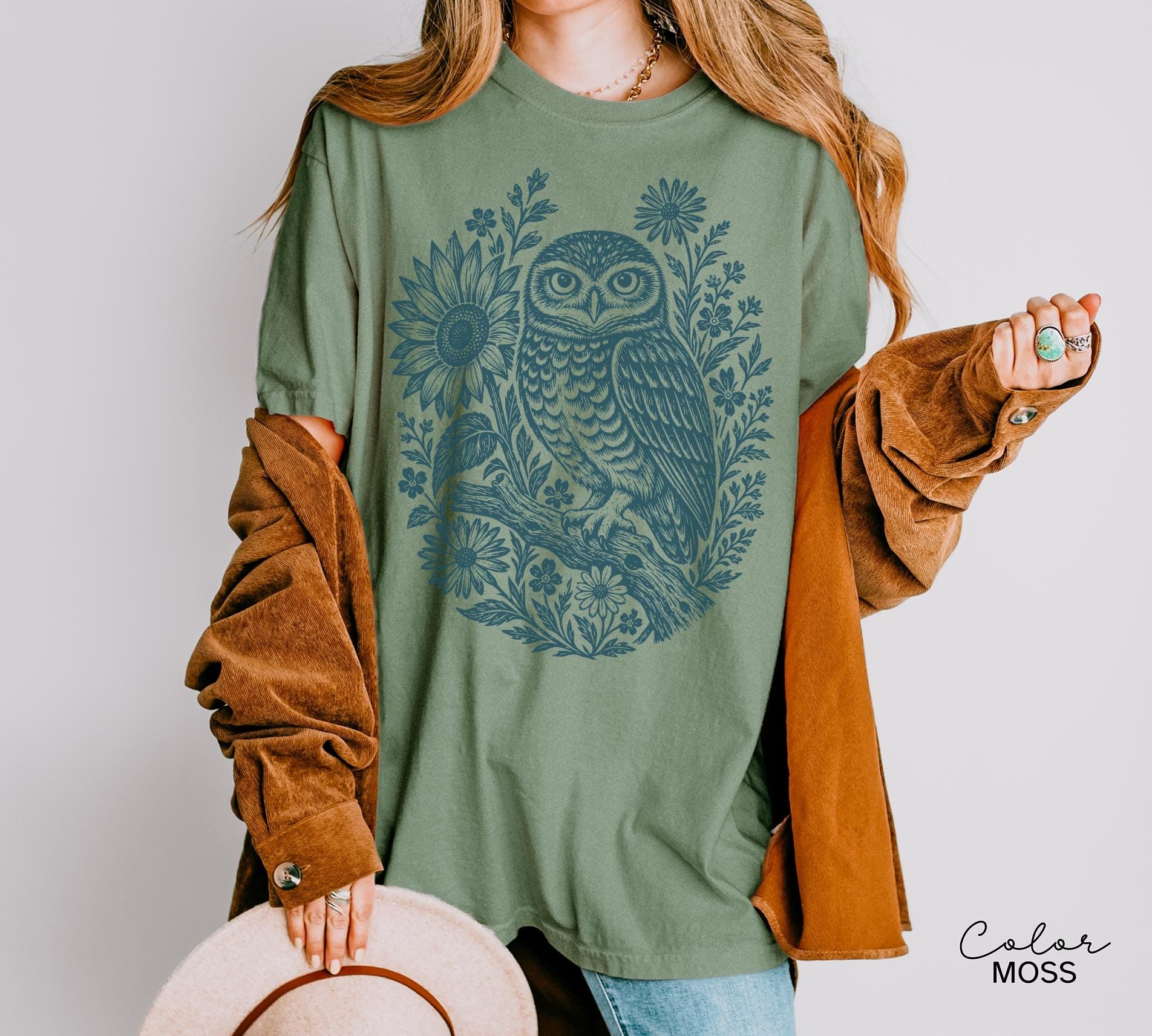 Owl Shirt, Comfort Colors Cottagecore Owl Tee, Linocut Floral Owl Shirt, Dark Academia Bird Shirt, Owl Sweatshirt Gift for Her