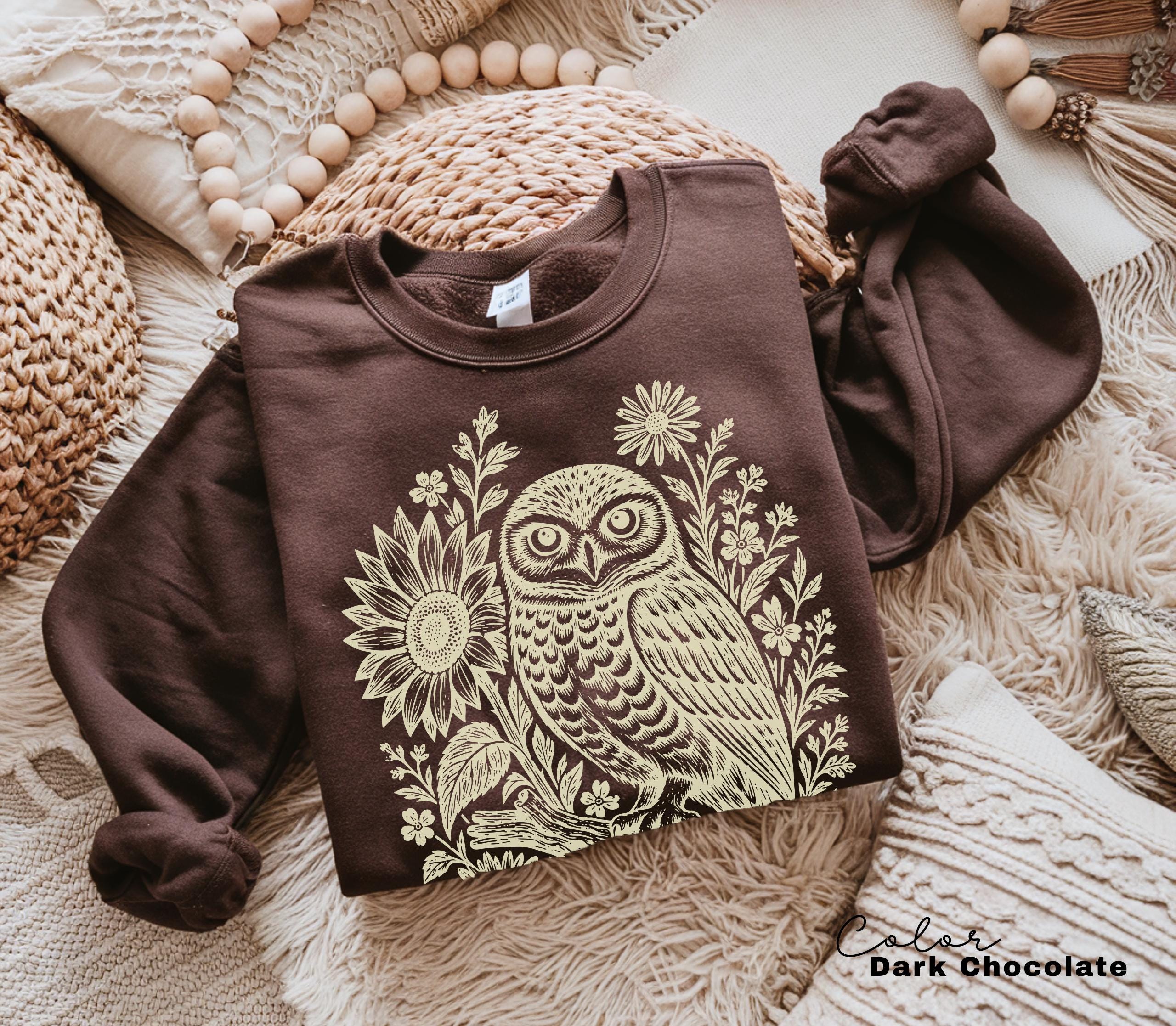 Owl Shirt, Comfort Colors Cottagecore Owl Tee, Linocut Floral Owl Shirt, Dark Academia Bird Shirt, Owl Sweatshirt Gift for Her