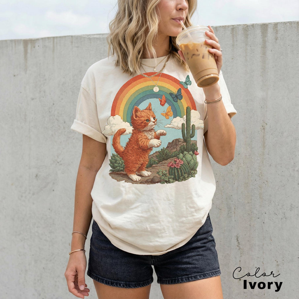 Retro Cute Kitten Butterfly 90s Graphic Tshirt, Kitten Rainbow Tee, Desert Cactus Shirt, Southwest Cactus Tee,