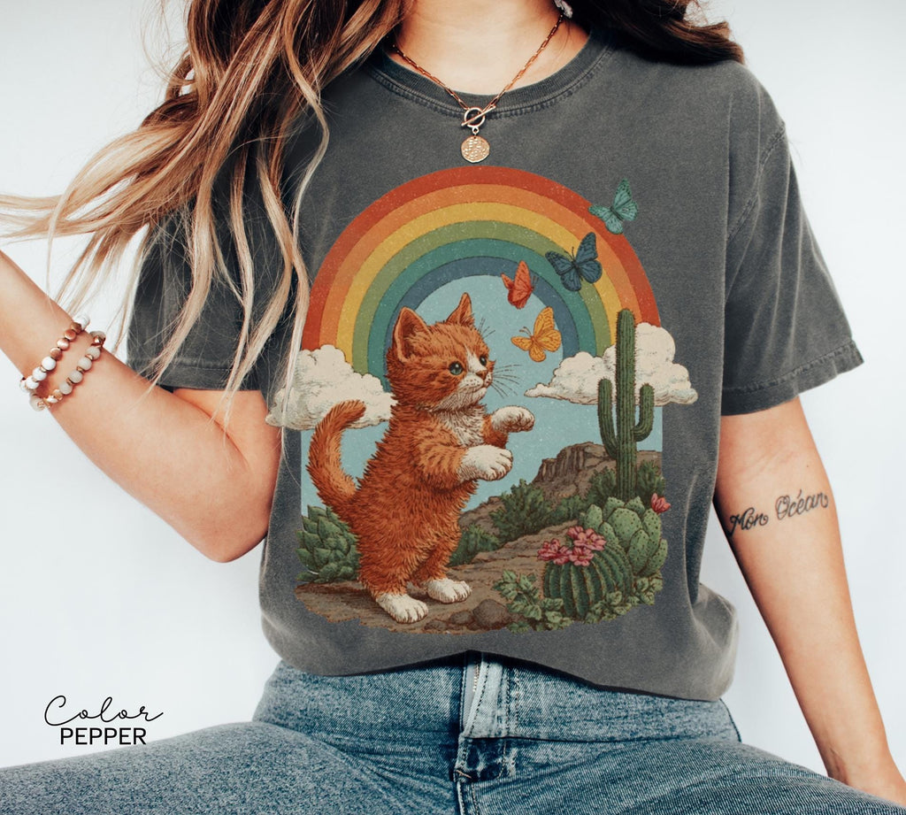 Retro Cute Kitten Butterfly 90s Graphic Tshirt, Kitten Rainbow Tee, Desert Cactus Shirt, Southwest Cactus Tee,
