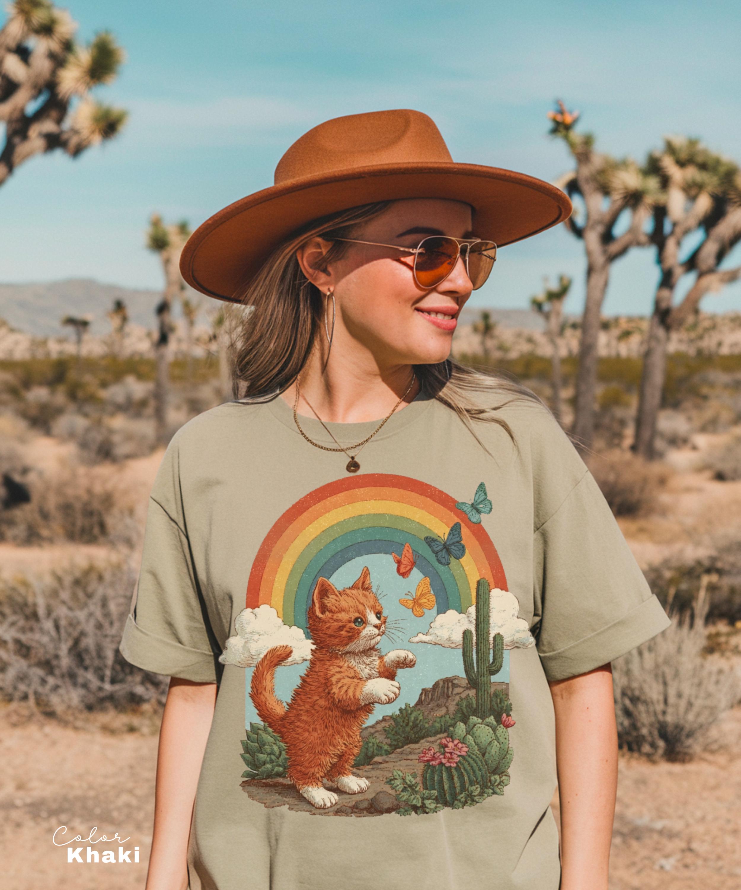 Retro Cute Kitten Butterfly 90s Graphic Tshirt, Kitten Rainbow Tee, Desert Cactus Shirt, Southwest Cactus Tee,