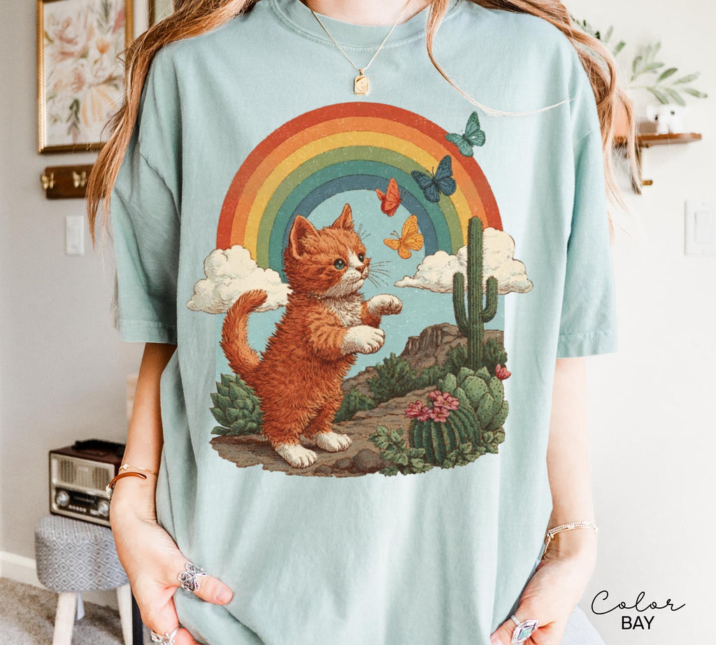 Retro Cute Kitten Butterfly 90s Graphic Tshirt, Kitten Rainbow Tee, Desert Cactus Shirt, Southwest Cactus Tee,
