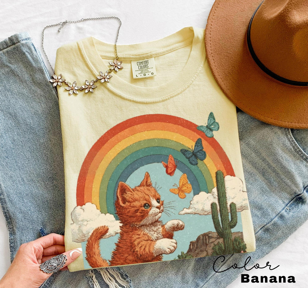 Retro Cute Kitten Butterfly 90s Graphic Tshirt, Kitten Rainbow Tee, Desert Cactus Shirt, Southwest Cactus Tee,