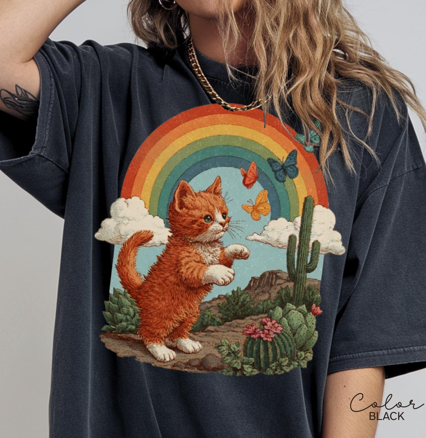 Retro Cute Kitten Butterfly 90s Graphic Tshirt, Kitten Rainbow Tee, Desert Cactus Shirt, Southwest Cactus Tee,