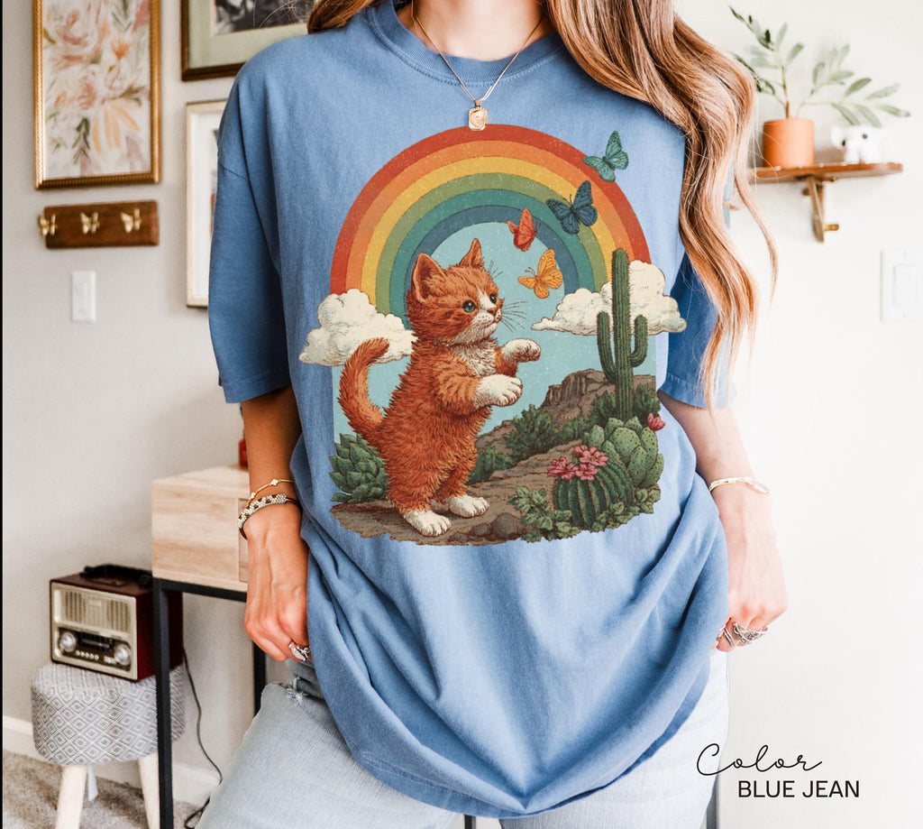 Retro Cute Kitten Butterfly 90s Graphic Tshirt, Kitten Rainbow Tee, Desert Cactus Shirt, Southwest Cactus Tee,