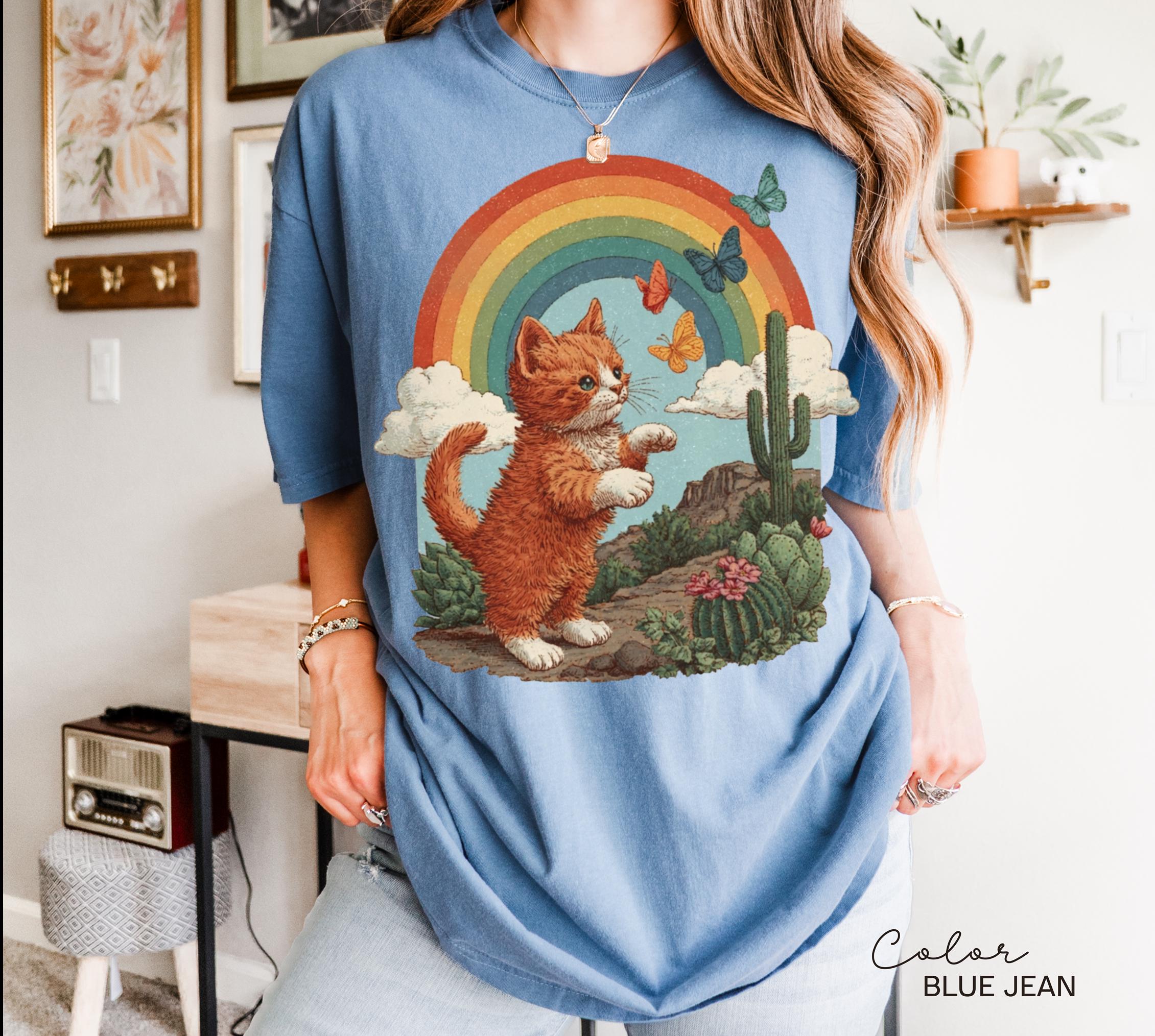 Retro Cute Kitten Butterfly 90s Graphic Tshirt, Kitten Rainbow Tee, Desert Cactus Shirt, Southwest Cactus Tee,