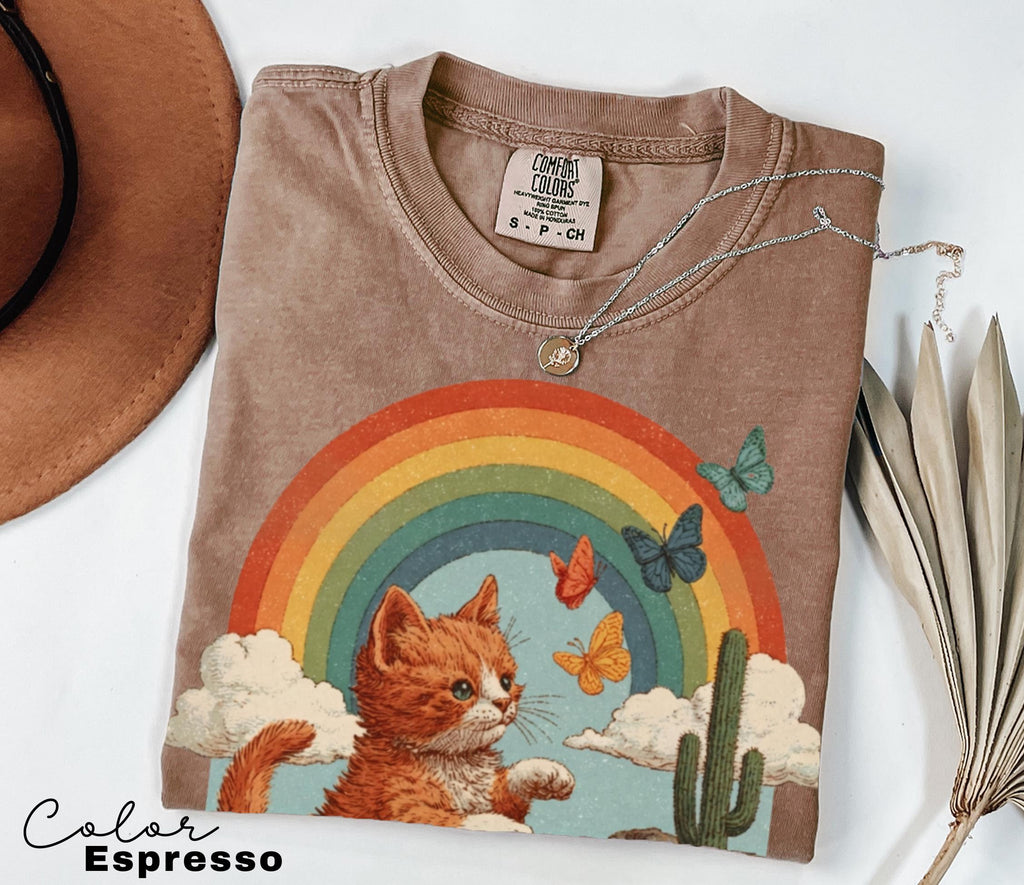 Retro Cute Kitten Butterfly 90s Graphic Tshirt, Kitten Rainbow Tee, Desert Cactus Shirt, Southwest Cactus Tee,