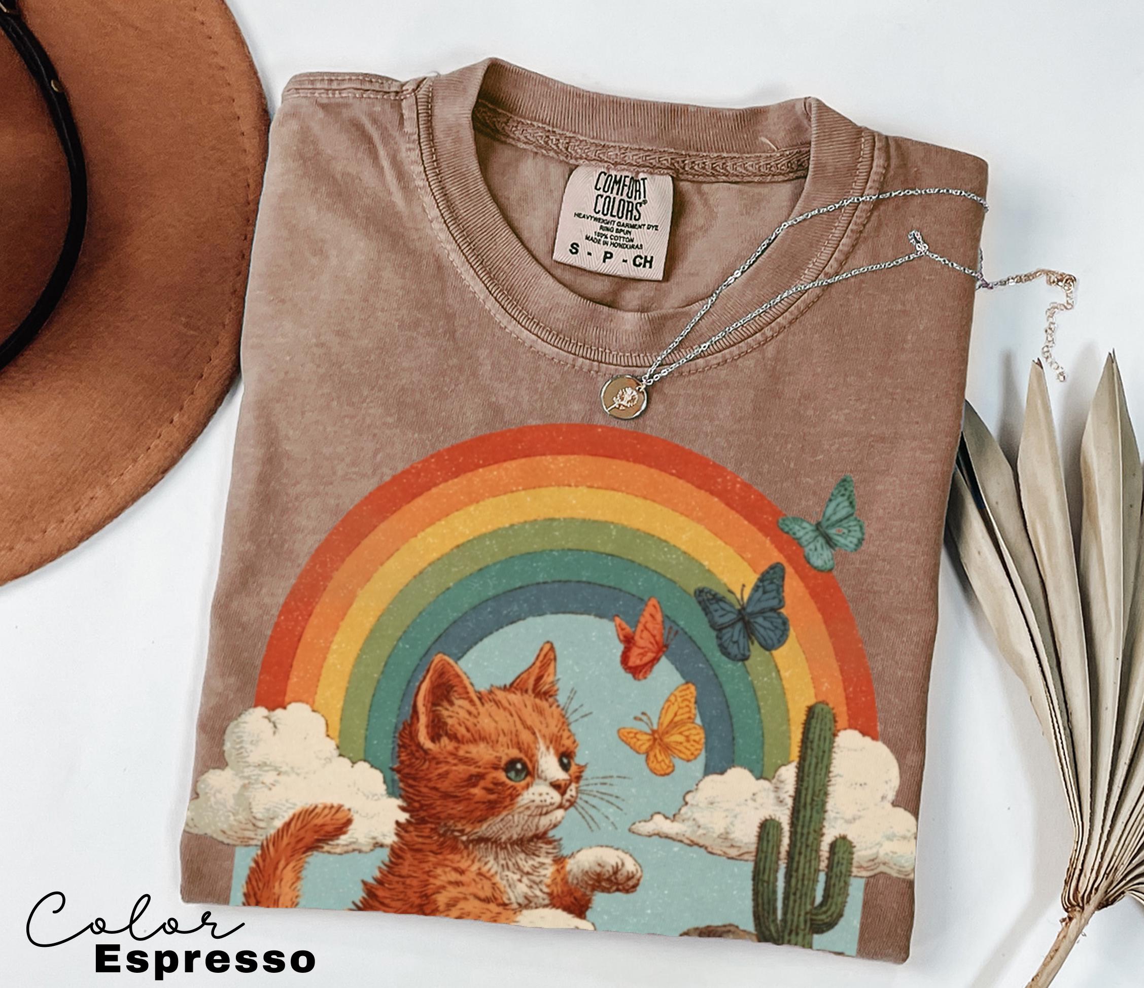Retro Cute Kitten Butterfly 90s Graphic Tshirt, Kitten Rainbow Tee, Desert Cactus Shirt, Southwest Cactus Tee,