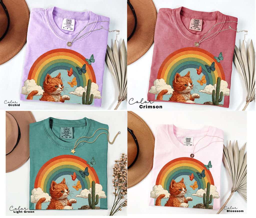 Retro Cute Kitten Butterfly 90s Graphic Tshirt, Kitten Rainbow Tee, Desert Cactus Shirt, Southwest Cactus Tee,