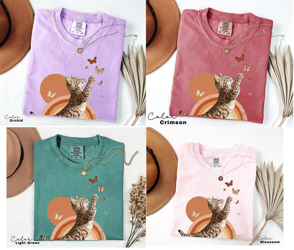 Retro Cute Kitten Butterfly 90s Graphic Tshirt, Kitten Rainbow Tee, Desert Cactus Shirt, Southwest Cactus Tee,