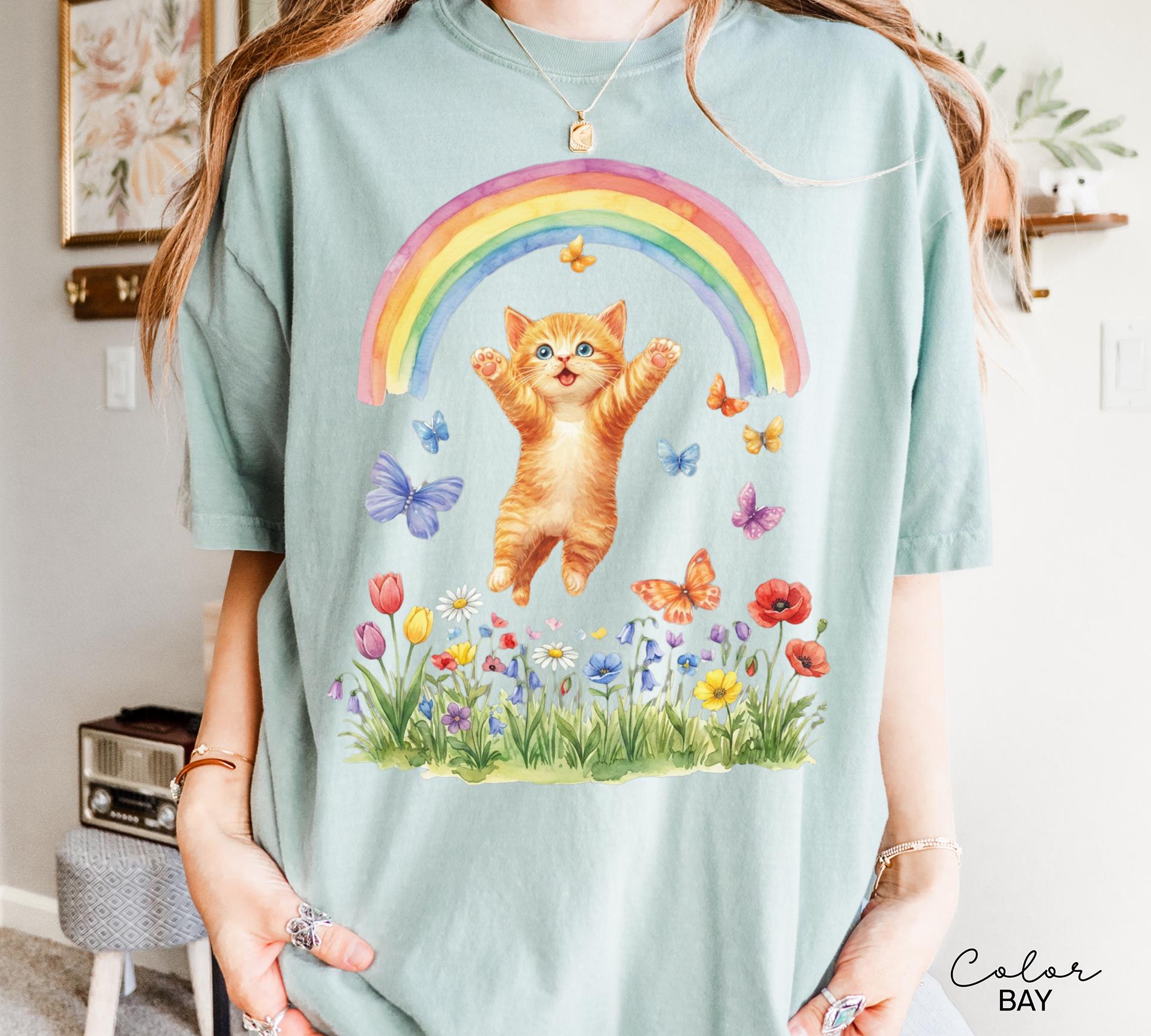 Retro Kitten Shirt Rainbow Shirt, Cat Lover Gift, Spring Cat Shirt, Colorful Kitten Spring Tee