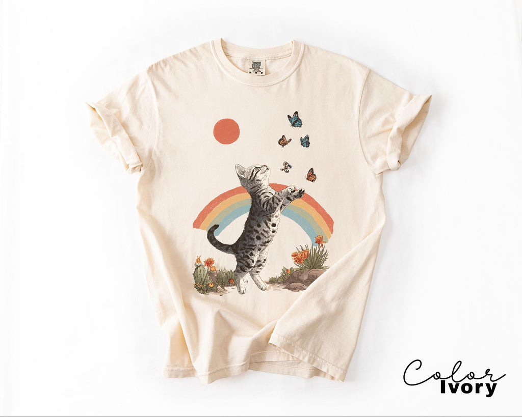 Retro Cute Kitten Butterfly 90s Graphic Tshirt, Kitten Rainbow Tee, Desert Cactus Shirt, Southwest Cactus Tee,