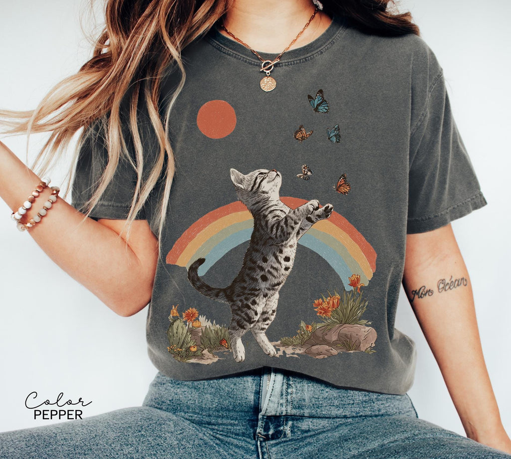 Retro Cute Kitten Butterfly 90s Graphic Tshirt, Kitten Rainbow Tee, Desert Cactus Shirt, Southwest Cactus Tee,