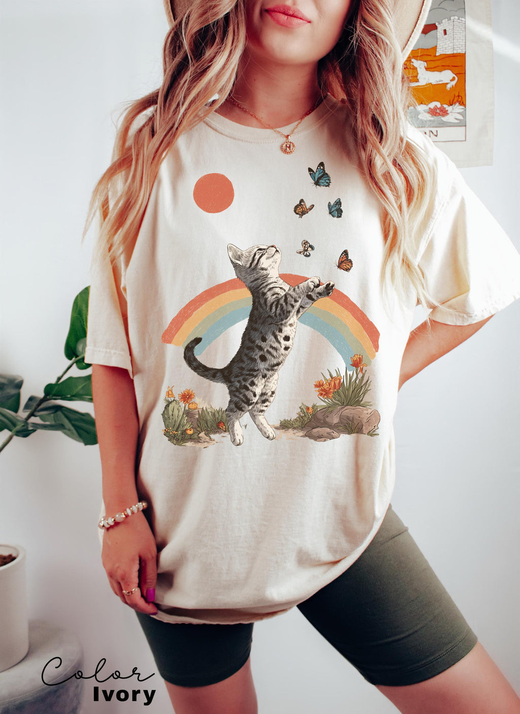 Retro Cute Kitten Butterfly 90s Graphic Tshirt, Kitten Rainbow Tee, Desert Cactus Shirt, Southwest Cactus Tee,