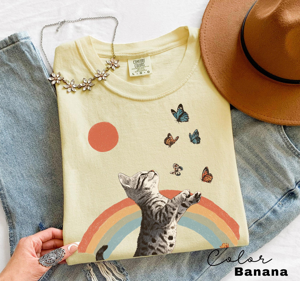 Retro Cute Kitten Butterfly 90s Graphic Tshirt, Kitten Rainbow Tee, Desert Cactus Shirt, Southwest Cactus Tee,