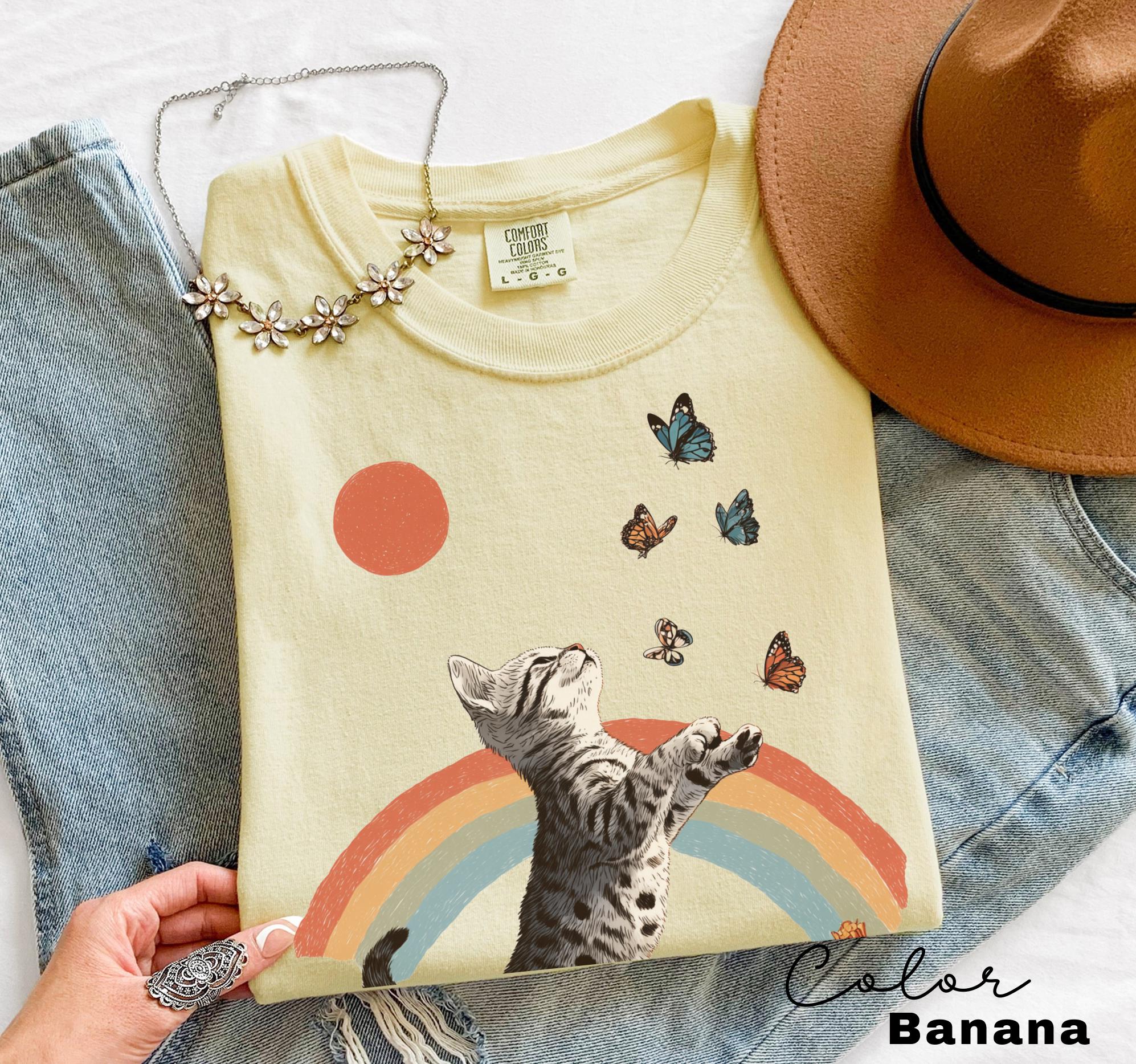 Retro Cute Kitten Butterfly 90s Graphic Tshirt, Kitten Rainbow Tee, Desert Cactus Shirt, Southwest Cactus Tee,