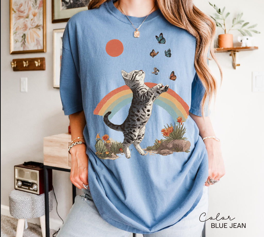 Retro Cute Kitten Butterfly 90s Graphic Tshirt, Kitten Rainbow Tee, Desert Cactus Shirt, Southwest Cactus Tee,