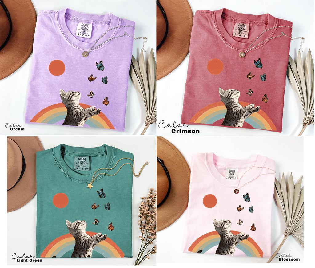 Retro Cute Kitten Butterfly 90s Graphic Tshirt, Kitten Rainbow Tee, Desert Cactus Shirt, Southwest Cactus Tee,