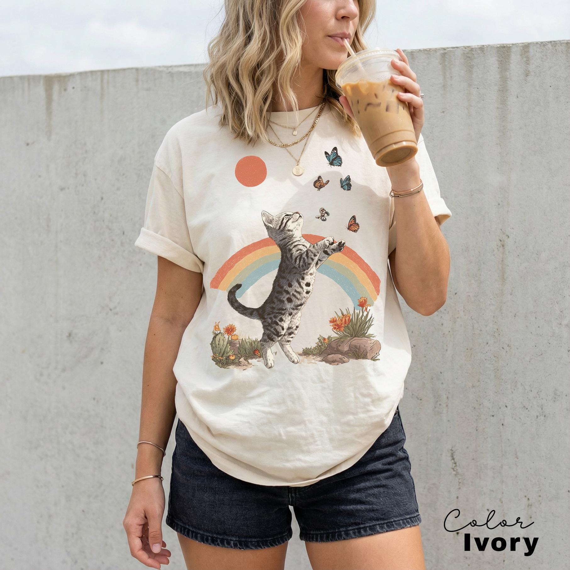 Retro Cute Kitten Butterfly 90s Graphic Tshirt, Kitten Rainbow Tee, Desert Cactus Shirt, Southwest Cactus Tee,