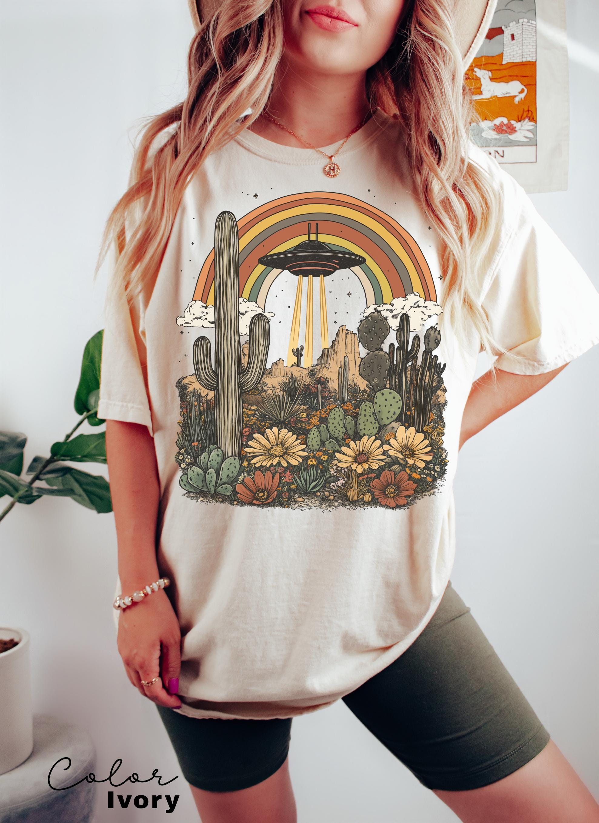 UFO Retro Desert Shirt, Western Comfort Colors T-Shirt, Vintage Rodeo Graphic Tee, New Mexico, Arizona Desert, Cactus, Rainbow Tee